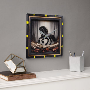 Misty Gallop: Anpassade Charred Wood Friesian Fyrkantig Klocka