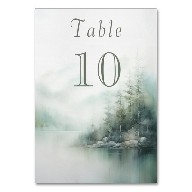 Misty grönt Forest Bröllop Bordsnummer (Framsidan)