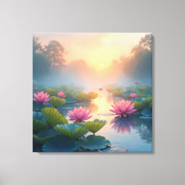 Misty Lotus Pond vid Dawn Canvastryck