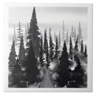 Misty Monochrome Gräs Forest Watercolor Art Skriv Kakelplatta