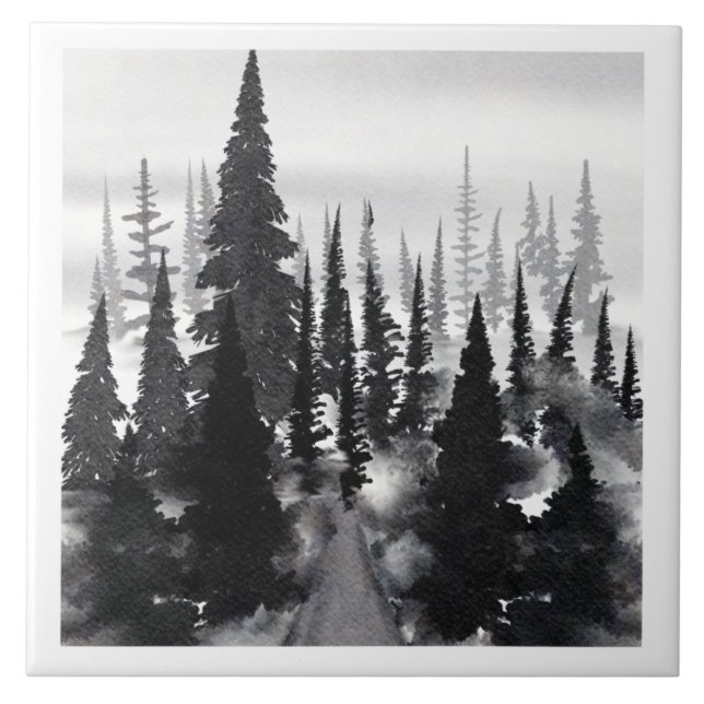 Misty Monochrome Gräs Forest Watercolor Art Skriv  Kakelplatta (Framsidan)
