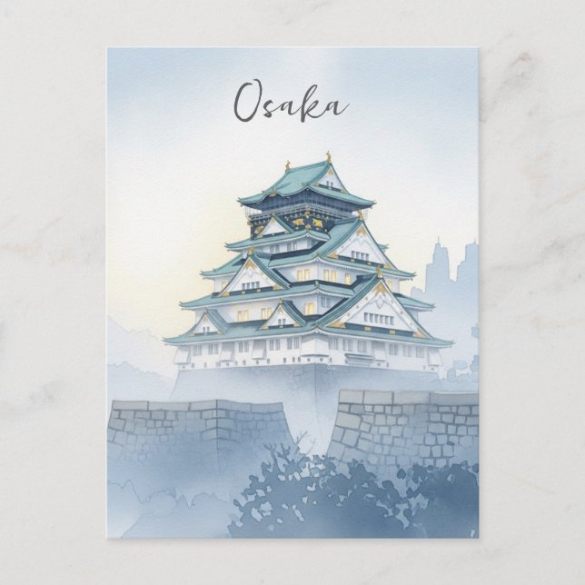 Misty Osaka Castle Japan Watercolor Vykort (Framsida)
