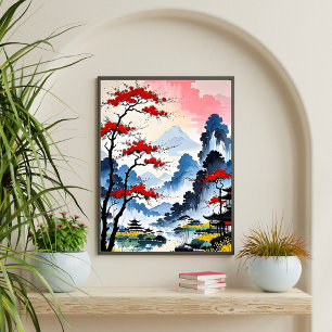 Misty Peaks - Japansk Bläck Watercolor Art Poster