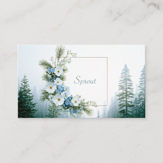 Misty Pine Forest White and Blue Floral Frame Visitkort (Framsida)