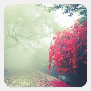 Misty Railroad Tracks Scenia Photo Fyrkantigt Klistermärke