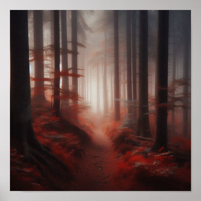 Misty Red Forest Trail of Silence – Autumn Poster  (Framsidan)