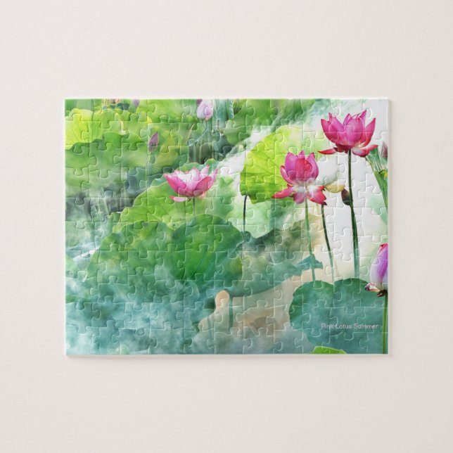 Misty Rosa Lotus Summer Grönt Jigszle Puzzle Pussel (Horisontell)