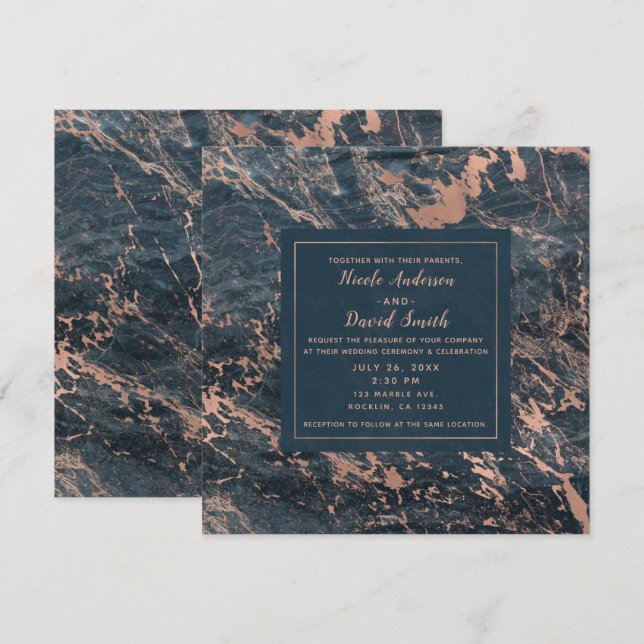 Misty Rustic Blue & Ro Guld Rosa Glam Marble Inbjudningar (Fram/baksida)