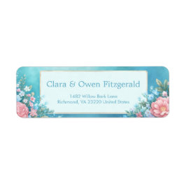Misty Teal Pink Peony Gold Frame Wedding Returadress Etikett