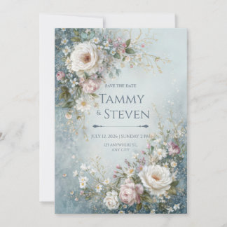 Misty Teal Watercolor Ivory Rose Wedding Inbjudningar