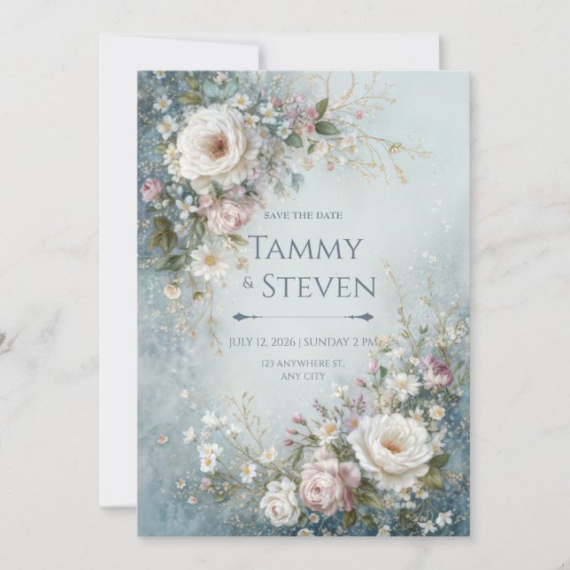 Misty Teal Watercolor Ivory Rose Wedding Inbjudningar (Framsida)