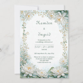 Misty Teal White Water Lily Border Wedding Inbjudningar