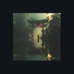 Misty Torii Gate Dawn Solitude Figure Canvastryck<br><div class="desc">A solitary traveler stands before a majestic red torii gate rising from a misty, lily-pad-filled pond at dawn. Thick fog envelops dense bamboo and ancient trees, while golden sunrise rays pierce through, casting luminous beams and soft reflections across the calm water. The iconic gate glows with quiet power, symbolizing transition,...</div>