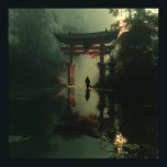 Misty Torii Gate Dawn Solitude Figure Poster<br><div class="desc">A solitary traveler stands before a majestic red torii gate rising from a misty, lily-pad-filled pond at dawn. Thick fog envelops dense bamboo and ancient trees, while golden sunrise rays pierce through, casting luminous beams and soft reflections across the calm water. The iconic gate glows with quiet power, symbolizing transition,...</div>