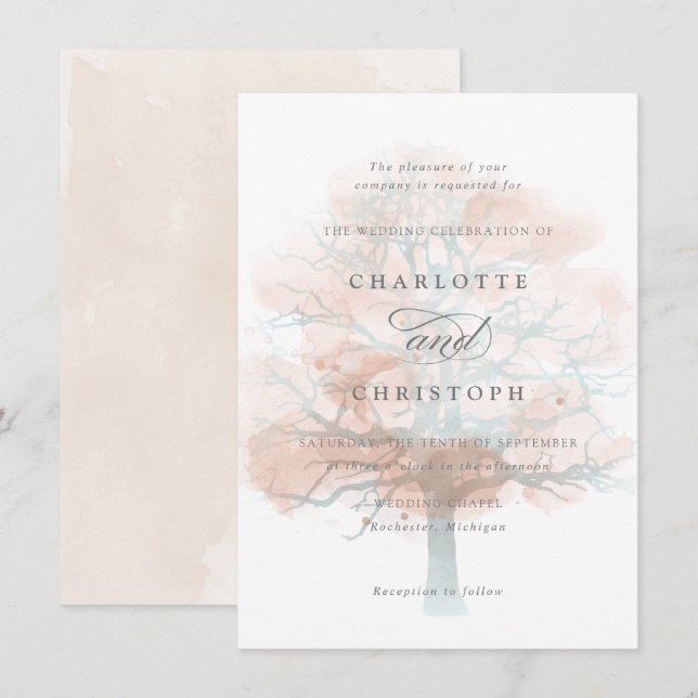 Misty träd bröllopsinbjudan inbjudningar (Fram/baksida)