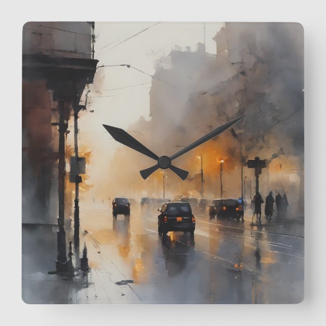 Misty Urban Evening Fyrkantig Klocka (Framsida)