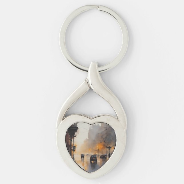 Misty Urban Evening Twisted Heart Silverfärgad Nyckelring (Framsidan)