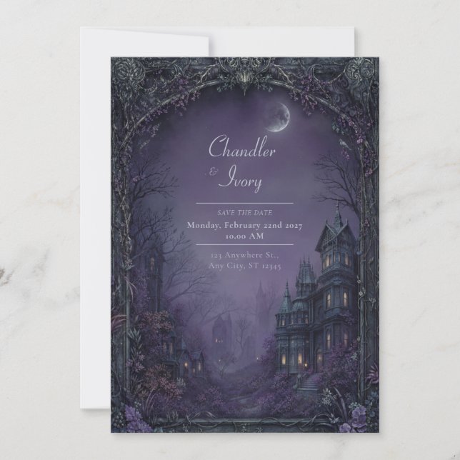Misty Violet Moonlit Gothic Manor Wedding Inbjudningar (Framsida)