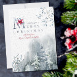 Misty Watercolor Winter Forest och Poinsettia Julkort<br><div class="desc">Personlig julkort med vinterskog,  elegant,  typografi och enkel elegans. Den här designen har en fuktig vattenfärgsskog i snö med en subtil bakgrund av känsliga löv. "Önskar dig god jul" är skrivet i handskrivet skript och typografi av eleganten,  dekorerat med en julklapp och vintergrey.</div>