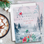 Misty Winter Forest Watercolor Lantern Glow Julkort<br><div class="desc">Vackert julkort med elegant,  som du kan anpassa dig till. Vattentärsfärgsskogskonstruktion för vintern med ljus rustik,  vildmark,  julklapp och poinsettia-blommor. Att önska dig en God jul är skript för dekorativ utskrift och avslappnad.</div>