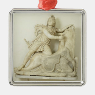 Mithras som offrar tjuren, marmorlättnad, romare julgransprydnad metall