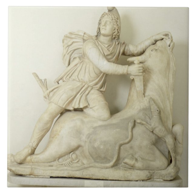 Mithras som offrar tjuren, marmorlättnad, romare kakelplatta (Framsidan)