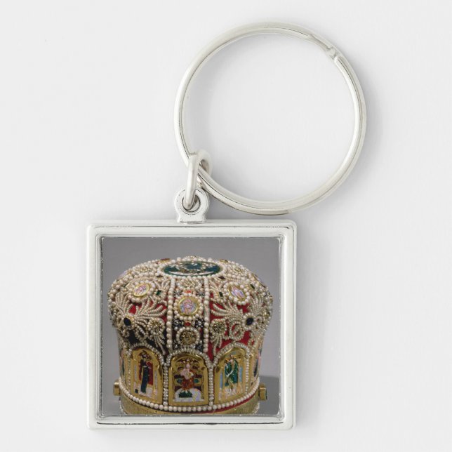 Mitrekronauppsättning med pärlor och dyrbart fyrkantig silverfärgad nyckelring (Framsidan)