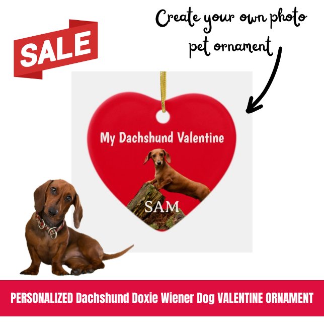 Mitt Dachshund Valentine Red Photo Namn Julgransprydnad Keramik (Personalized Doxie Valentine Ornament)