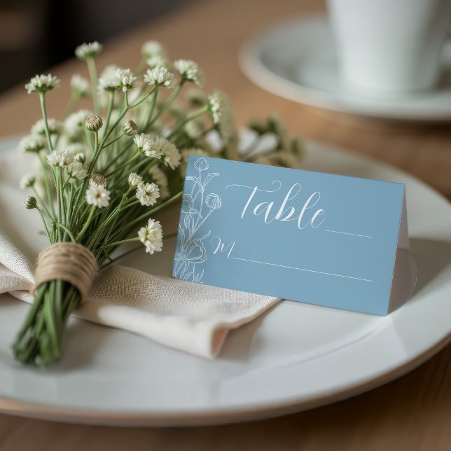 Mitt Dusty Blue Blommigt Elegant Place Card Placeringskort (Wedding Reception Minimalist Dusty Blue Wildflower Seating place card )