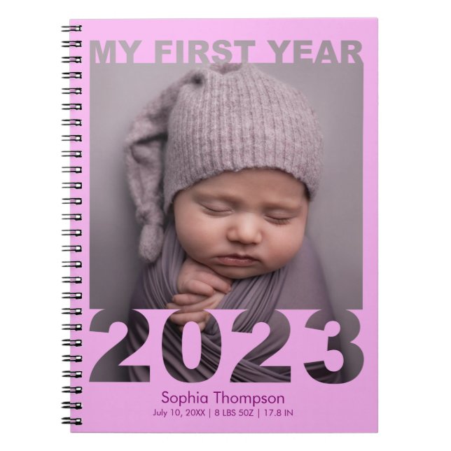 Mitt första år 2023 Modern Baby-foto-Rosa Anteckningsbok (Framsidan)