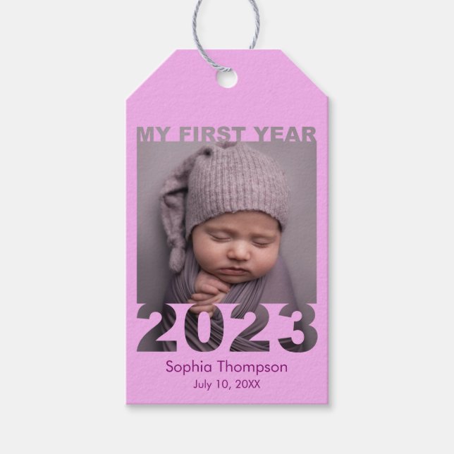 Mitt första år 2023 Modern Baby-foto-Rosa Presentetikett (Framsidan)