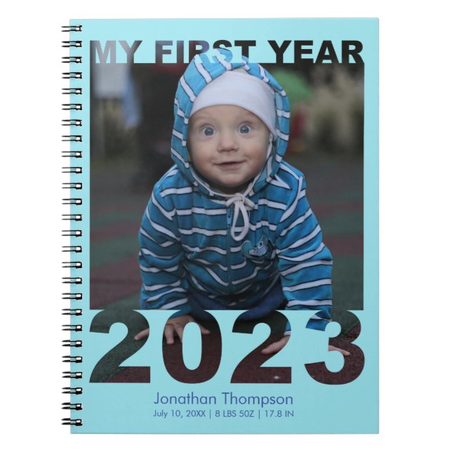 Mitt första år 2023: Modern Baby-fotoblå Anteckningsbok (Framsidan)