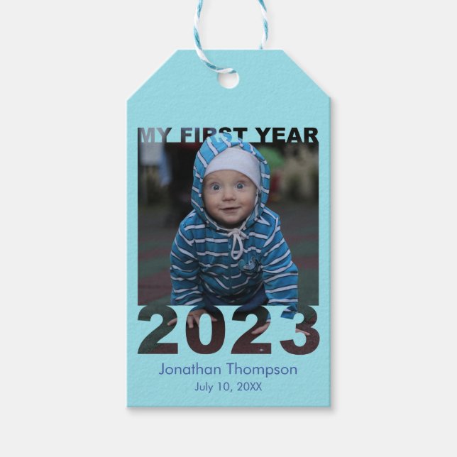 Mitt första år 2023: Modern Baby-fotoblå Presentetikett (Framsidan)