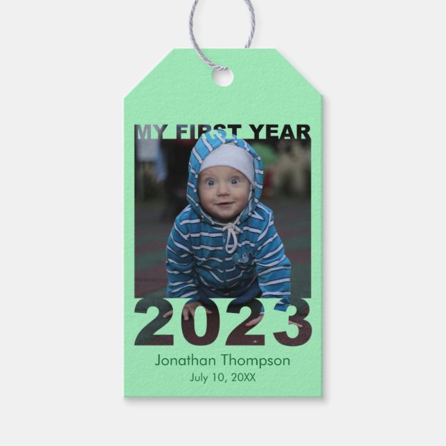 Mitt första år 2023 Modern Baby-fotoGrönt Presentetikett (Framsidan)
