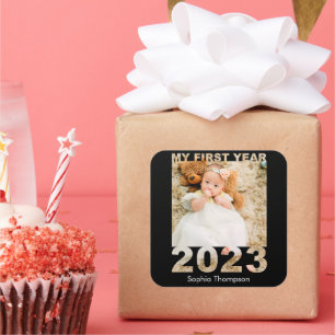 Mitt första år 2023 Modern Baby-fotosvart Fyrkantigt Klistermärke