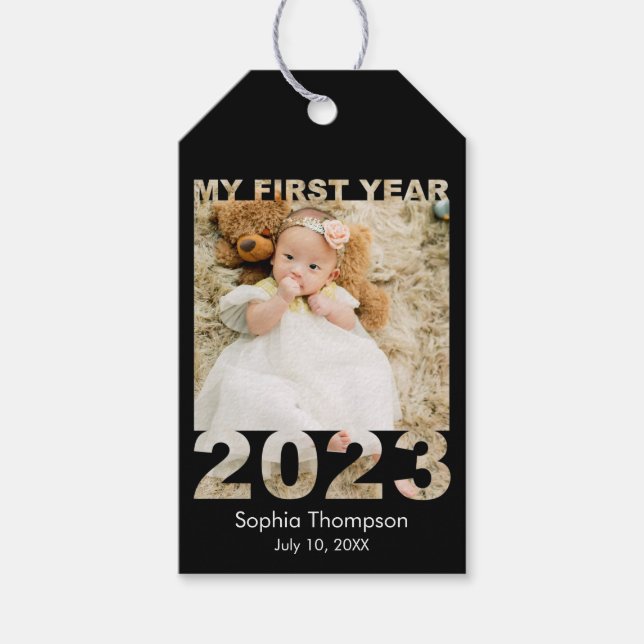 Mitt första år 2023 Modern Baby-fotosvart Presentetikett (Framsidan)