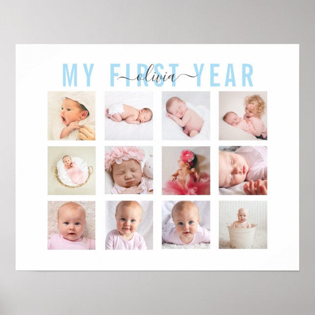 Mitt första år Baby Namn 12 Fotokollage Poster (Framsidan)