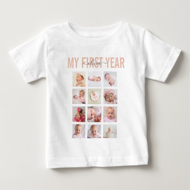 Mitt första år Baby Namn 12 Fotokollage T Shirt (Framsida)