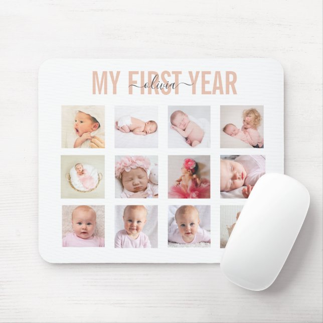 Mitt första år Babyflicka 12 Foto Collage   Musmatta (Med mus)