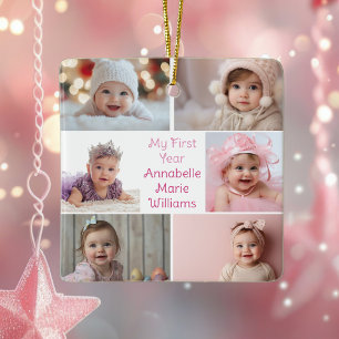 Mitt första år Flicka Photo Collage Cute 2 Side Julgransprydnad Keramik