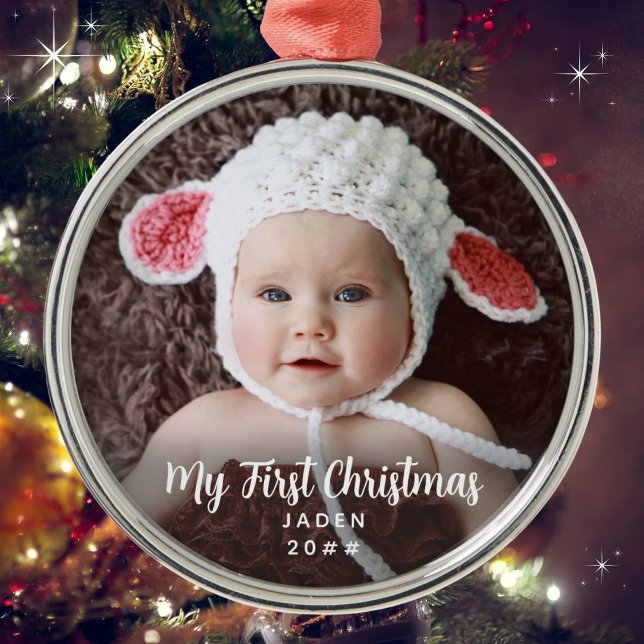 Mitt första Baby foto, timlös, jul Julgransprydnad Metall (Add a photo, name and date. Available in many types of ornaments. Merry Christmas & Congratulations!)