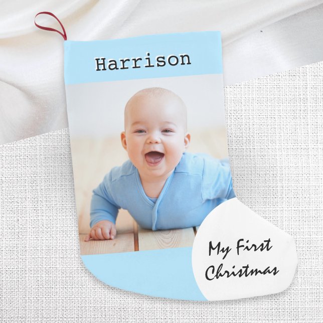 Mitt första fotopappnamn för Baby i jul - blått Liten Julstrumpa (A light blue 'My First Christmas' stocking to personalize with your baby's  photo and name)