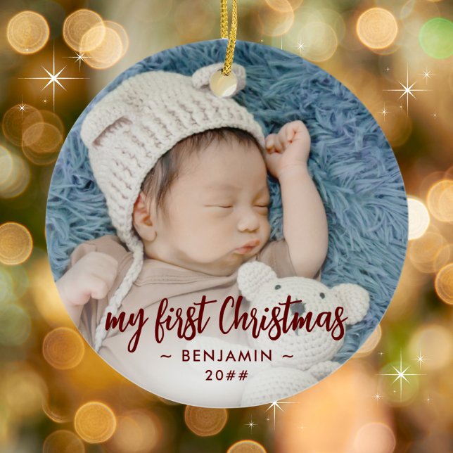 Mitt första julfoto Baby med Namn och år Julgransprydnad Keramik (Add your photo, name and year. Adjust photo as necessary. )