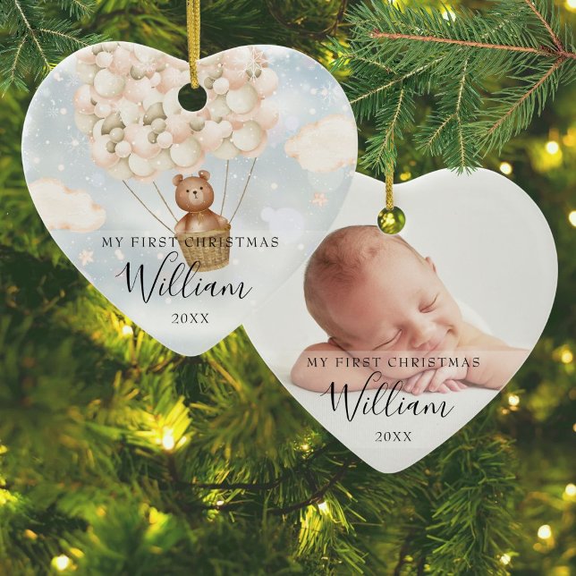 Mitt första julfoto Nalle Guld Balloons Photo Julgransprydnad Keramik (My First Christmas Teddy Bear Gold Balloons Photo Ceramic Ornament)