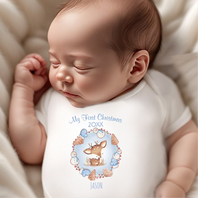 Mitt första julnamn, eget namn, Blue Boy T Shirt (My First Christmas Deer Custom Name Blue Boy Baby Bodysuit)