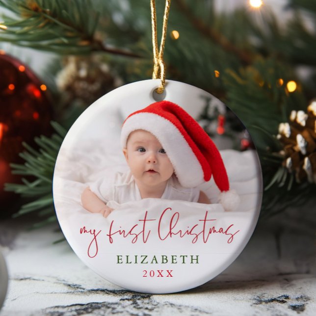 Mitt första julskript Baby Photo Keepsaké Julgransprydnad Keramik (My First Christmas Script Baby Photo Keepsake Ceramic Ornament)