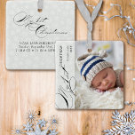 Mitt första julskript-Lodrät Foto Snowflake Julgransprydnad Keramik<br><div class="desc">Min första julfotomornament med lodrät foto, elegantens kalligrafi och finkänsligt vitt snöflingor på silver grått gräns. Fotomallen är redot för dig att lägga till ditt foto, baby namn, året och din anpassningsbar på baksidan. Med undantag för den handskrivna text som används under Min första jul är alla formuleringar fullt redigerbara...</div>