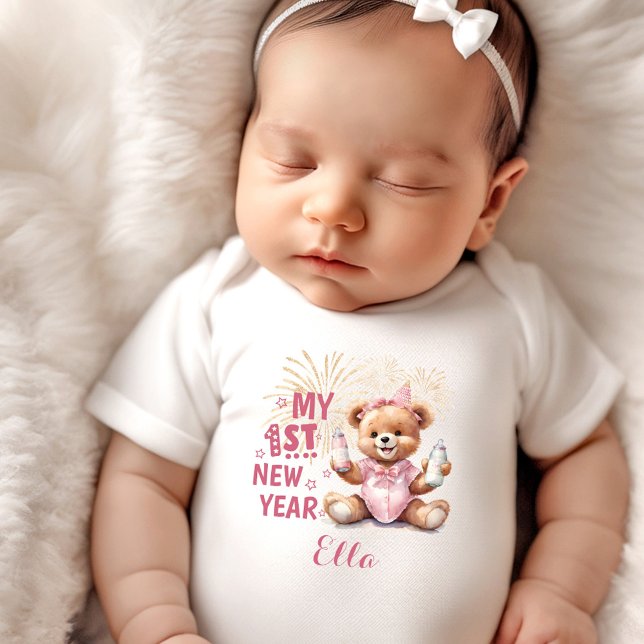 Mitt första nyårshögda lilla Namn-Rosa-björn T Shirt (My First New Year Girl Name Funny Pink Bear Baby Bodysuit)