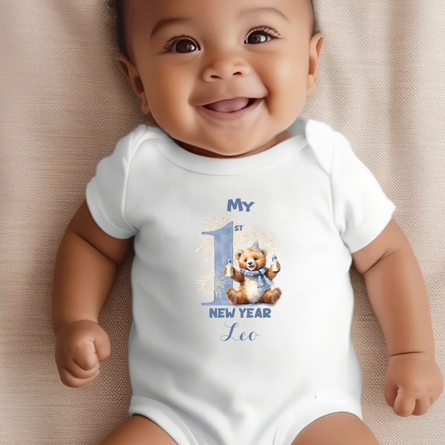 Mitt första nyårspojke Namn Blue Bear T Shirt (My First New Year Boy Name Blue Bear Baby Bodysuit)