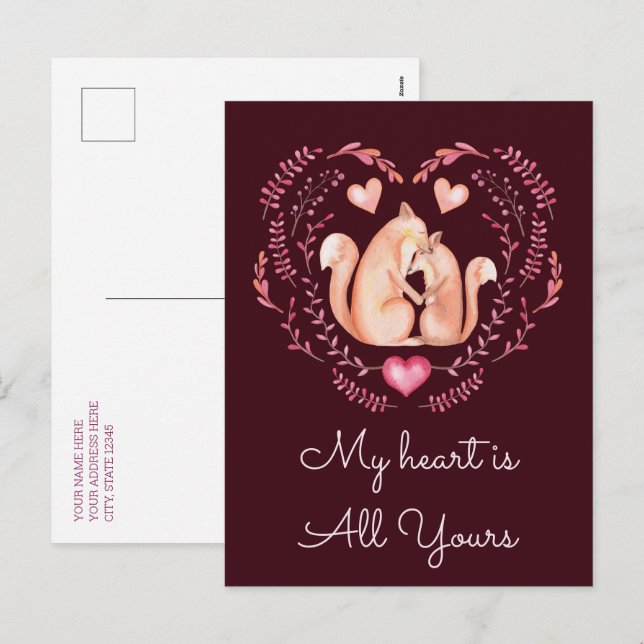Mitt hjärta är hela ditt Cute Fox Valentines day Helg Vykort (Fram/baksida)